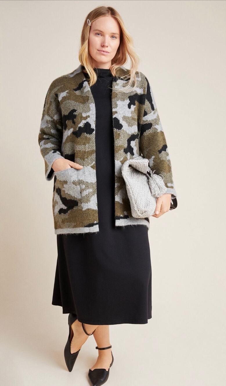 Anthropologie Cardigan Vera Green Camo Print Open Front Oversize size Large